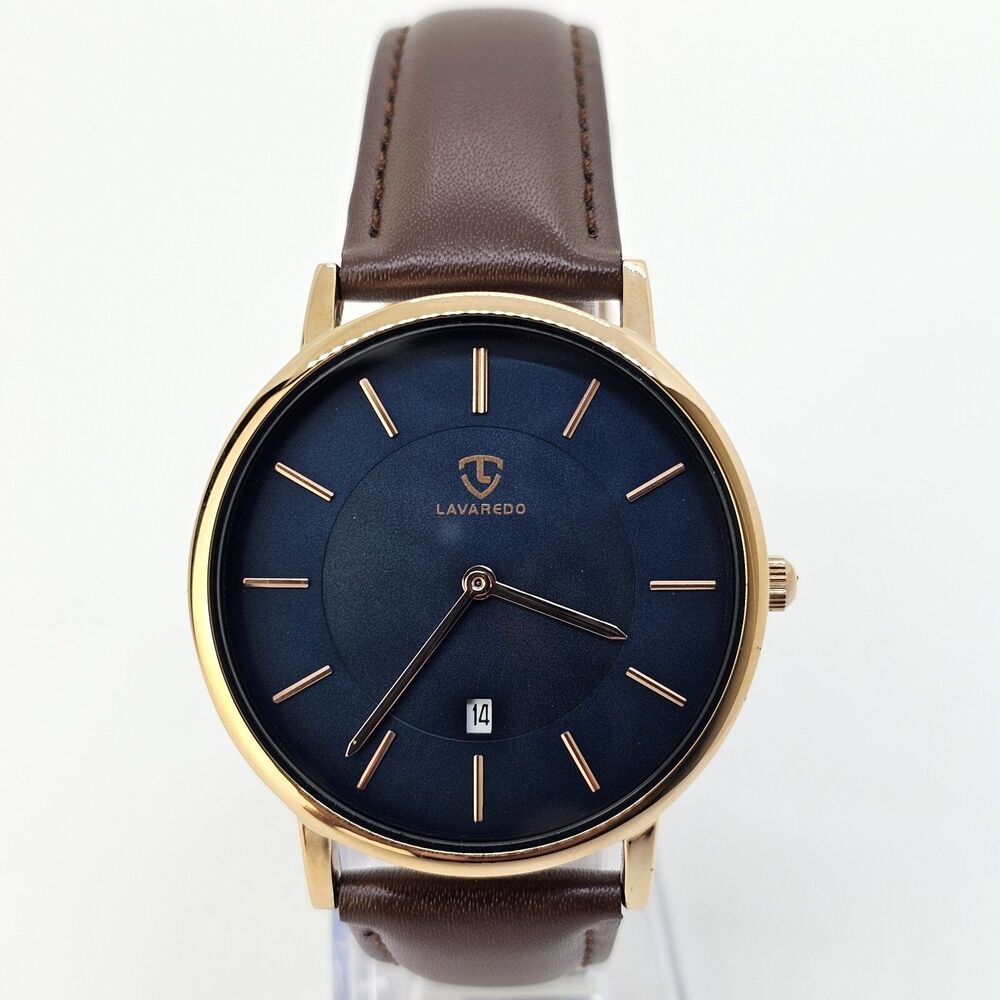 Men's Watch 40MM Gold Case Blue Dial Brown Leather Band‎ Straps Date Indicator
